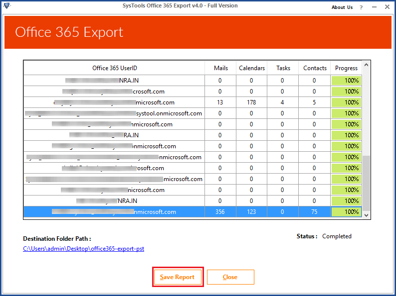 Office 365 Export Completion Report